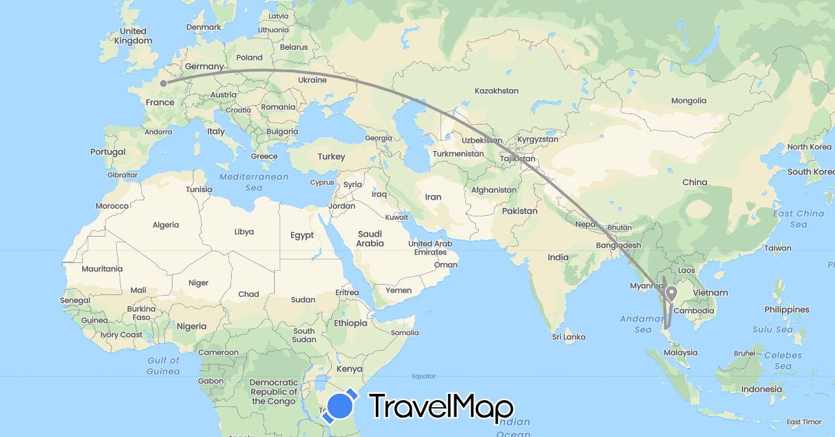 TravelMap itinerary: plane in France, Thailand (Asia, Europe)